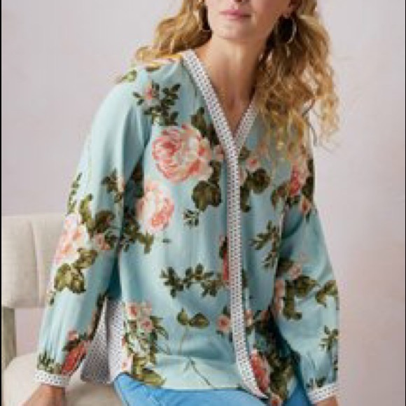 Soft Surroundings Blue Floral and Polka Dot Mixed Print Button Down Blouse - Picture 2 of 11